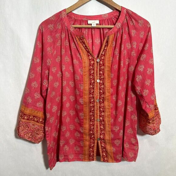 J. Jill Strawberry Boho Voile Floral Button Down Top S Petite Cotton Batik - Picture 2 of 6